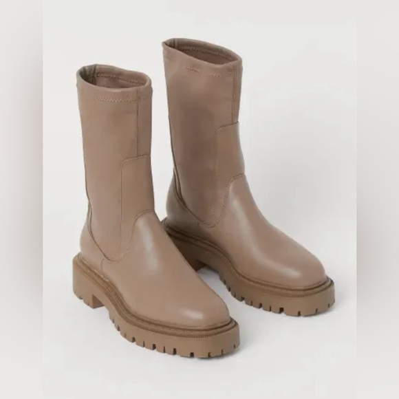 H&M Chelsea mid-calf lug platform sole taupe tan faux leather boot. 10 - Picture 1 of 13